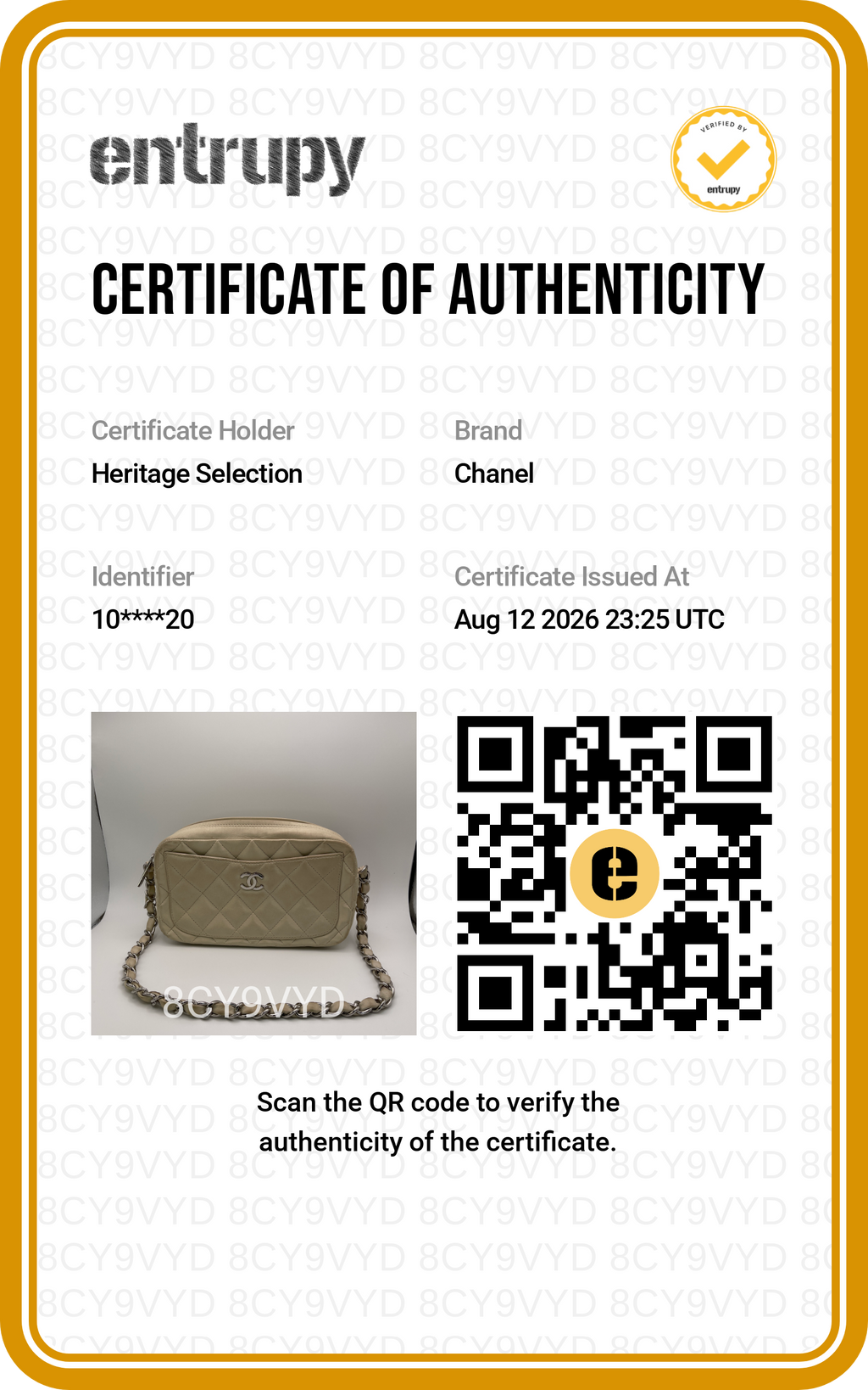 Chanel – Matelassé Camera Bag en cuir d'agneau – Beige – certificat d'authenticité Entrupy n° 8CY9VYD