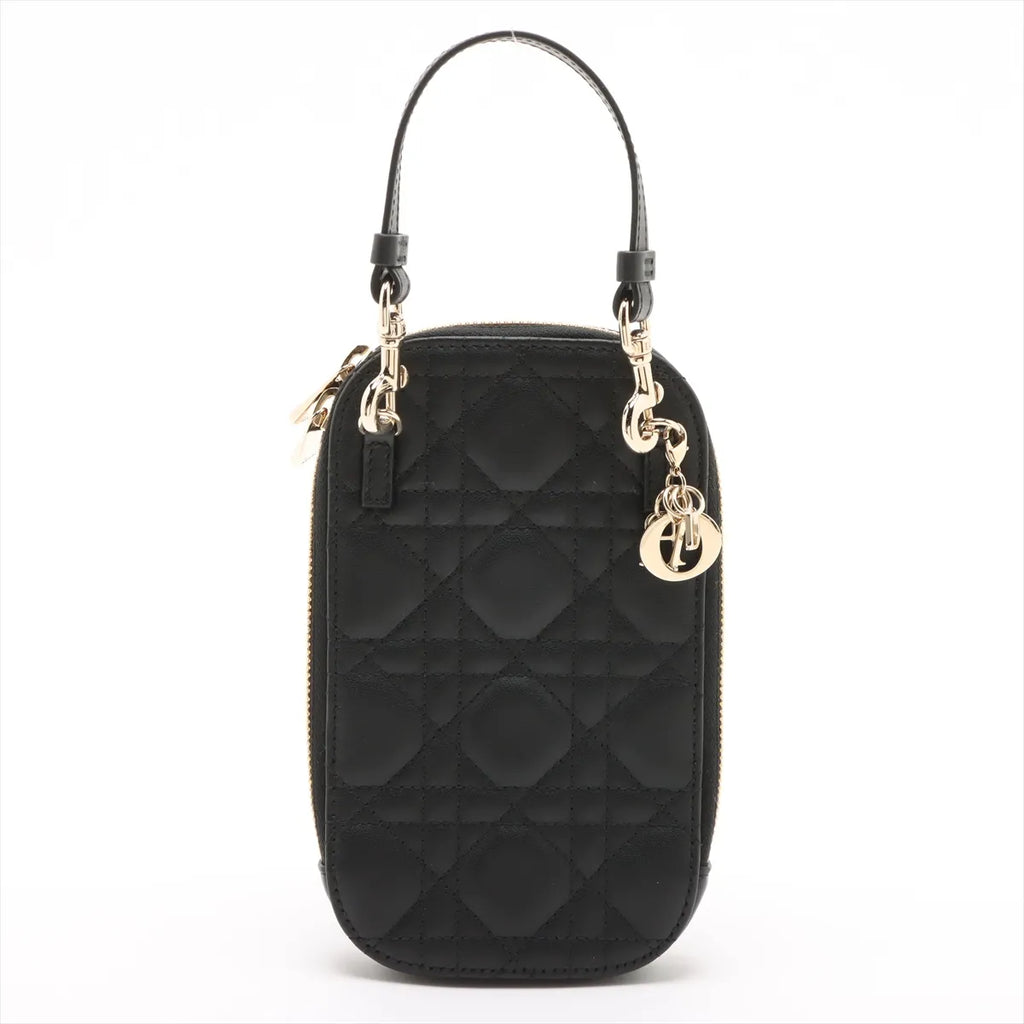Christian Dior – Lady Dior Phone Holder Cannage Noir – vue arrière avec breloques D.I.O.R.