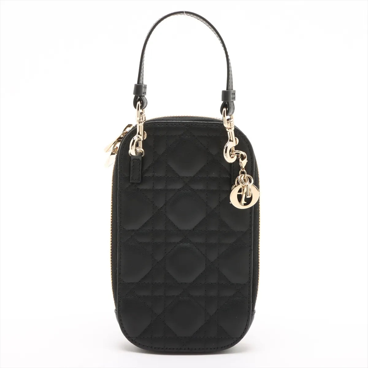Christian Dior – Lady Dior Phone Holder Cannage Noir – vue arrière avec breloques D.I.O.R.