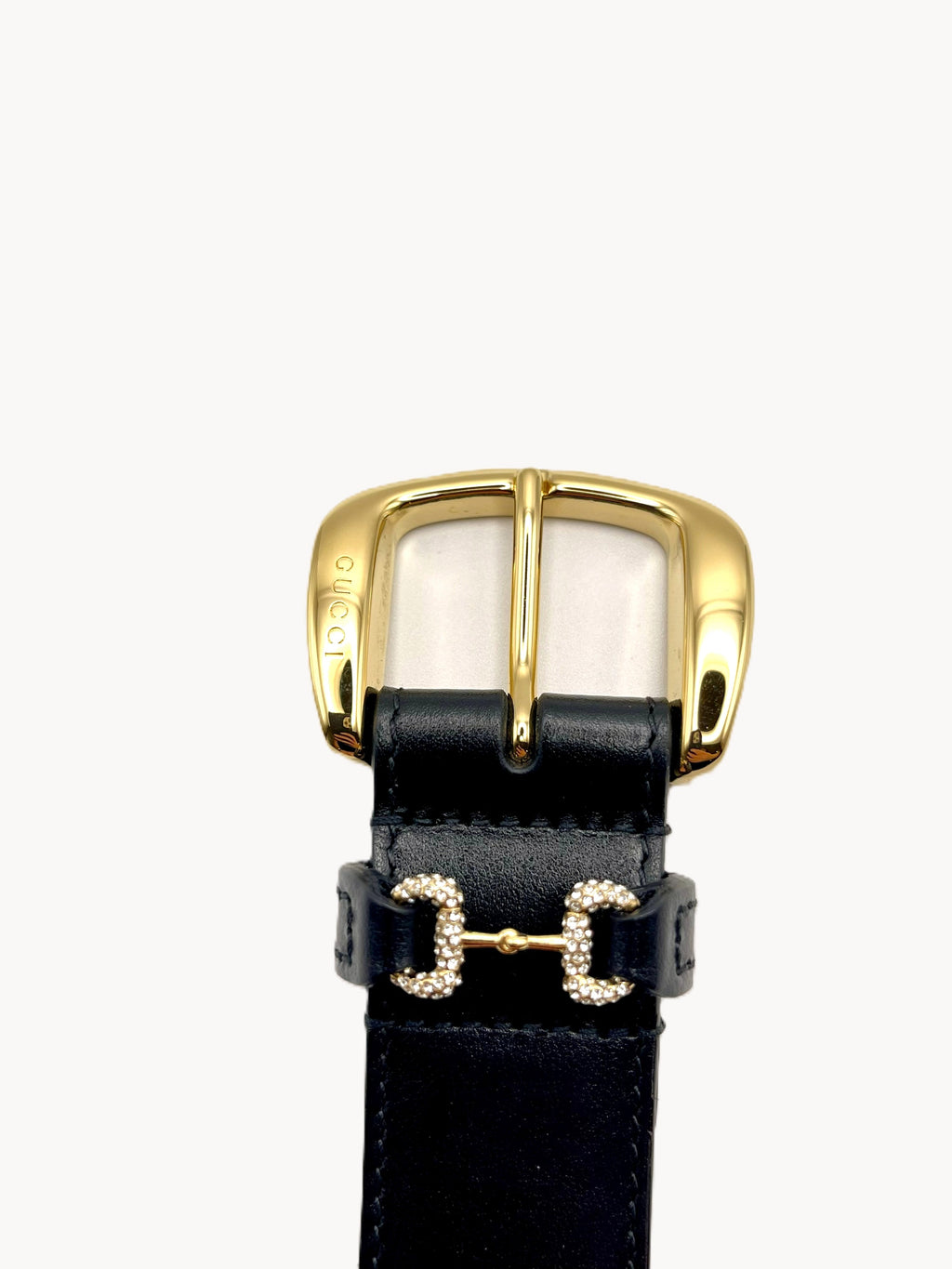 Gucci – Ceinture Crystal Horsebit en cuir – Noir – détail boucle et mors serti de cristaux