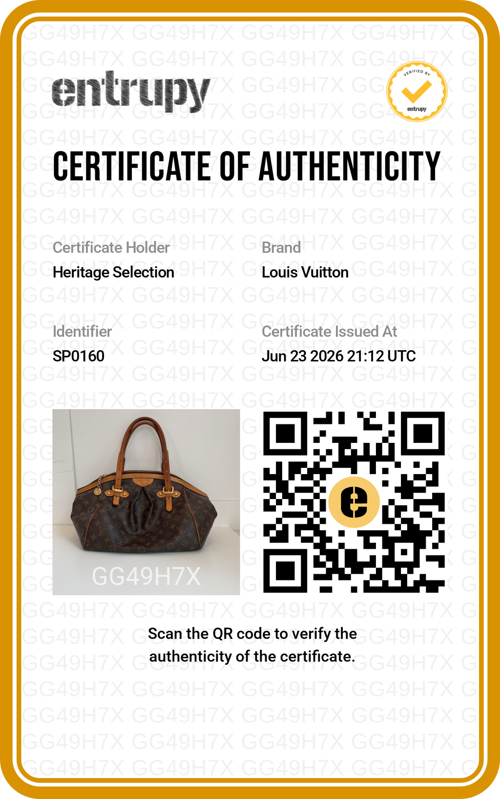 Louis Vuitton – Tivoli GM Toile Monogram Vintage – certificat d'authenticité Entrupy n° GG49H7X