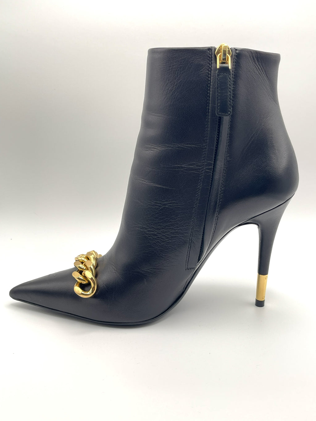 Tom Ford – Bottines Iconic Chain Cuir Noir 37,5 – profil intérieur avec zip, botte droite