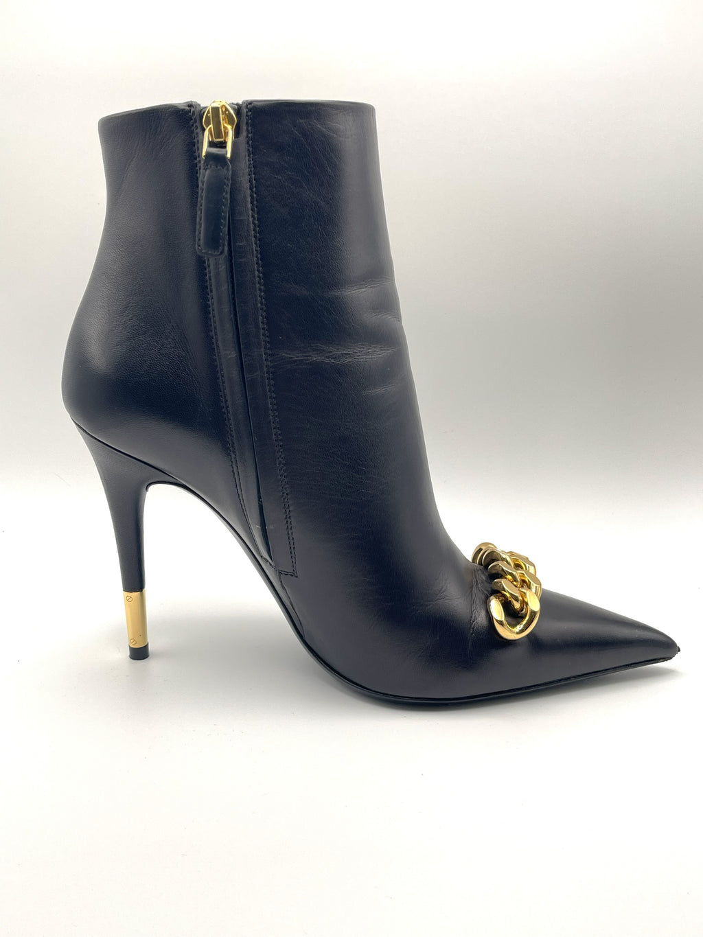 Tom Ford – Bottines Iconic Chain Cuir Noir 37,5 – profil intérieur avec zip, botte gauche